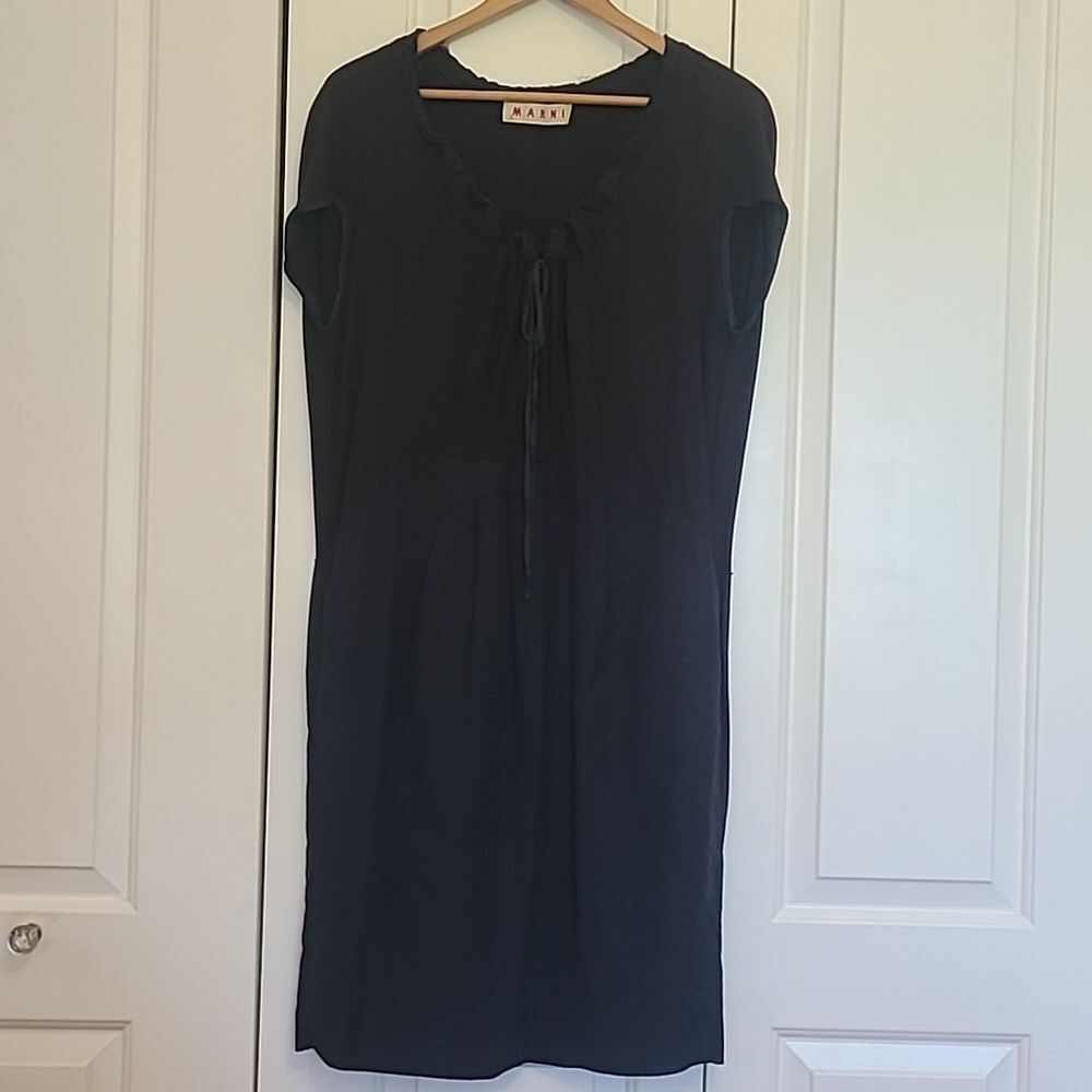 MARNI Cotton Linen Sheath Dress Tie Front Short Sleeve Black Navy EU Size 40